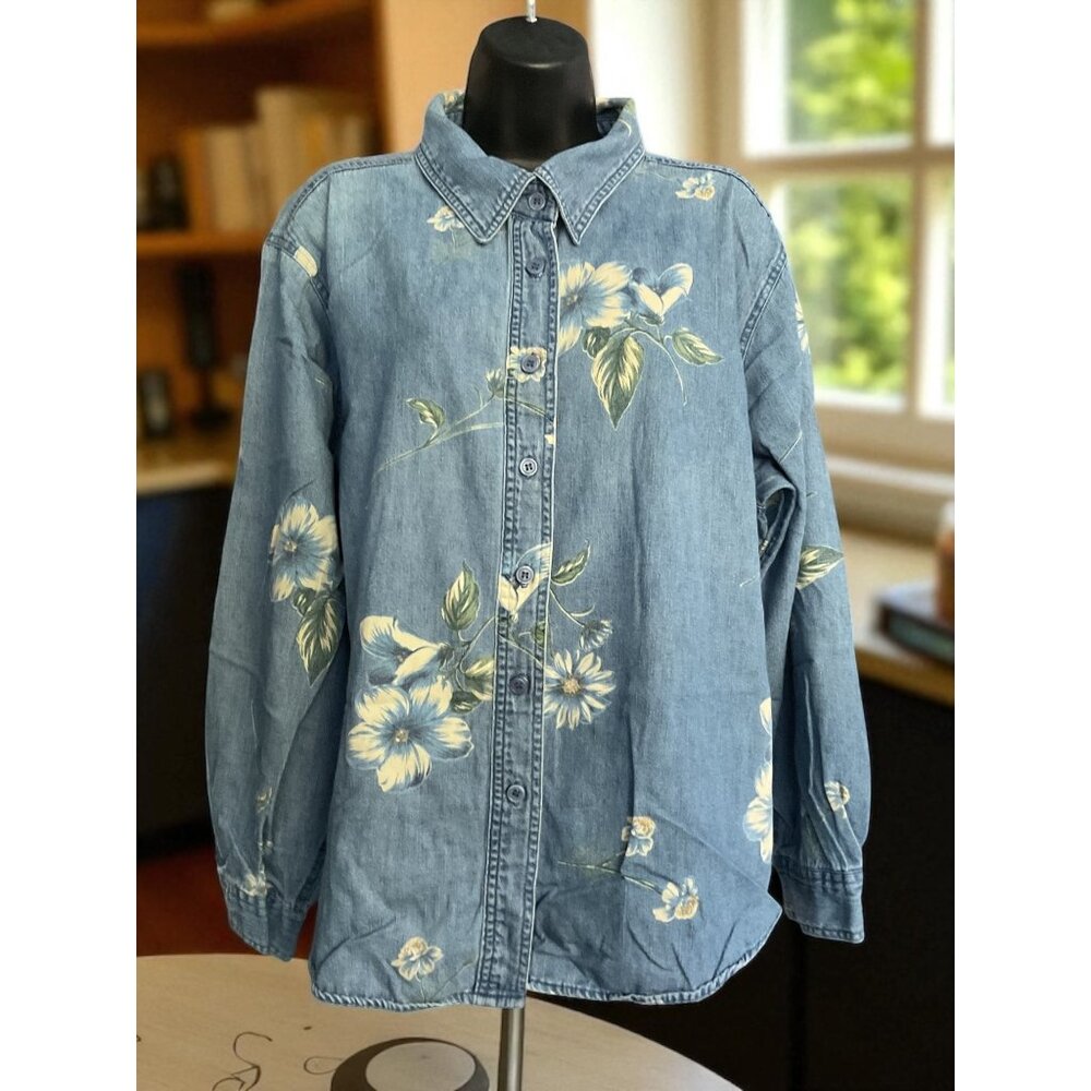 Lemongrass Womens 24W Floral Denim Shirt 100% Cotton Button-Up Long Sleeve